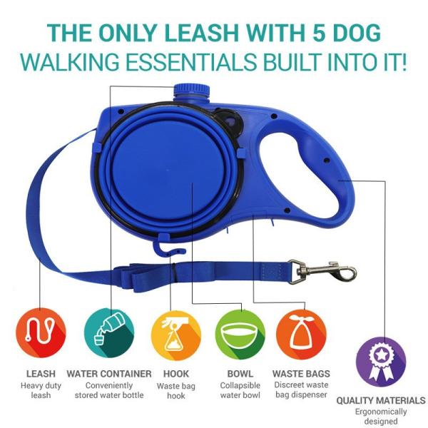 Blue Orange Dog Leash Water Bowl Retractable Nylon Dog Lead With Water Bowl