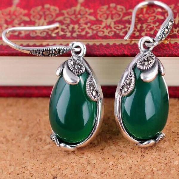 Retro Jewelry Thailand Silver with Marcasite and Green Agate Earrings (JA1750GREEN)