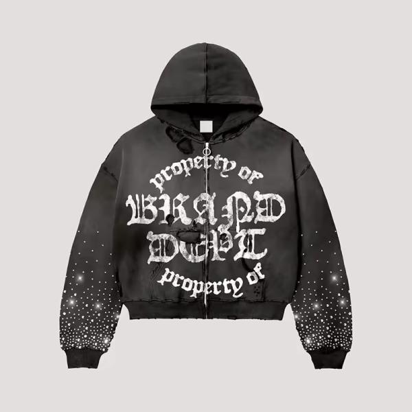 OEM Zipper Screen Print Drawstring Hoodie Retro Travel Rhinestone Park Vintage Acid Washed Boxy Oversized Destroyed Hoodie Men
