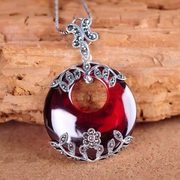 Thai Silver Garnet Pendant Necklace Marcasite Retro Jewelry(N11061RED)