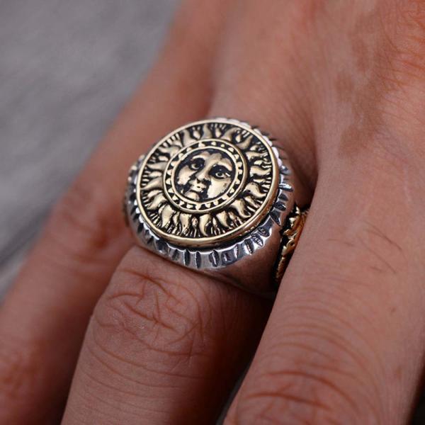 Antiquated Sterling Silver Brass 2 Tone Sunflowers Design Men Ring (058842)