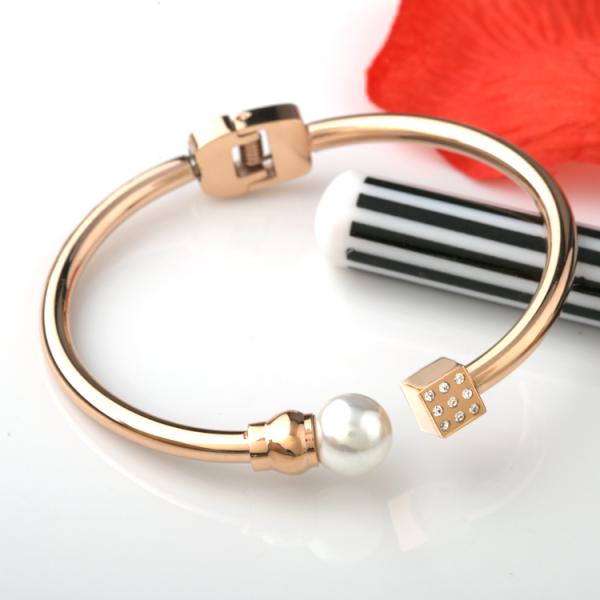 Stainless Steel Open bracelet,Pearl Cuff Bangle, Square Diamond girls jewelry, Rose Plated Bracelet