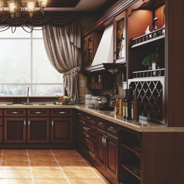 Close-up of kitchen cabinet hardware and wood grain detail