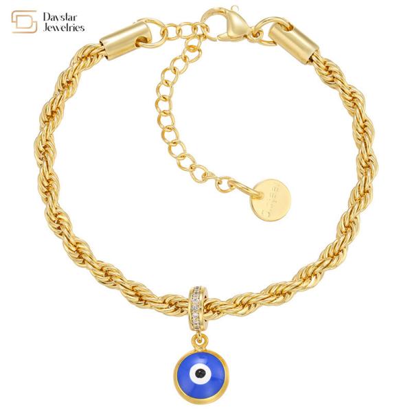 Twisted Gold Plated Stainless Steel Jewelry Enamel Evil Eye Pendant Bracelet