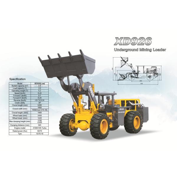 Underground wheel loader XD926 rated load 2.0ton with 1cbm bucket capacity