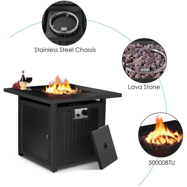Rattan Style Outdoor Gas Firepit 28'' Square Patio Propane Gas Black