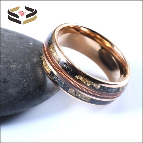 Men'S Tungsten Wedding Band Ring 8mm Rose Gold Plating with Triple Channel Guitar String Meteorite Gold Foil Inlay