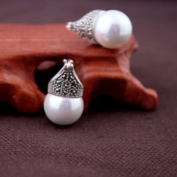 925 Silver Simulated Shell Pearl Drop Hoop Earrings Thai Vintage Jewelry (E12142)