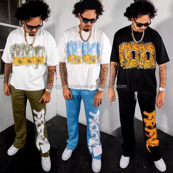 Screen Print Tshirt Logo Jogger Straight Leg Distressed Embroidery Stacked Flared Sweatpants and T Shirt Men Summer Sets Custom