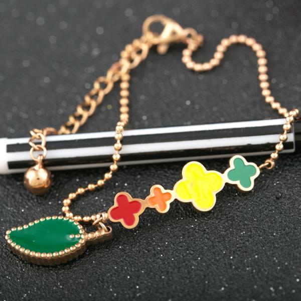 Colorful Four Leaf Clover Bangel, Stainless Steel Chain, Rose Gold Bracelet