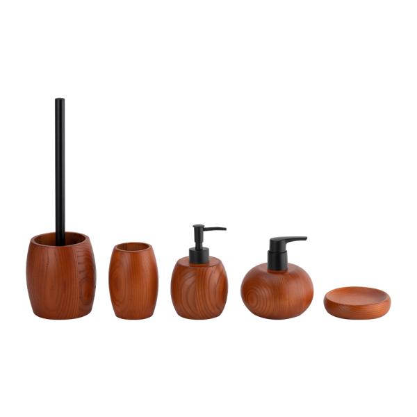 Brown Ashwood Bathroom Countertop Accessories Round Shape Black Pump Toothbrush Cup Bathroom Kits Soap Dispenser