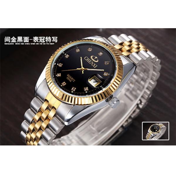 Imitation Diamond Rhinestone Watch Gold Plated Stainless Steel Strap Quartz Movt Man Watch