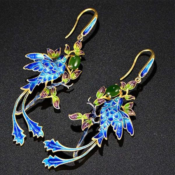 Gold Plated Stering Silver Drop Earrings with Cloisonne Enamel Phoenix Style Fashion Jewelry(E6050601BLUE)