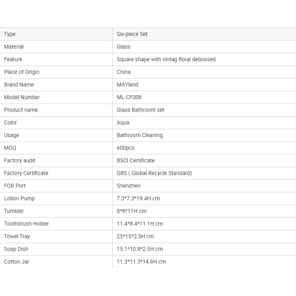 6pcs Glass Bathroom Accessories Set Aqua With Vintage Floral Debossed