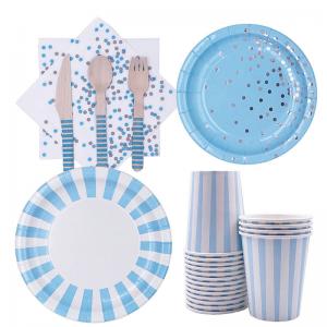 China Boys Christmas Blue Strip Birthday Paper Plates And Napkins Cups on sale