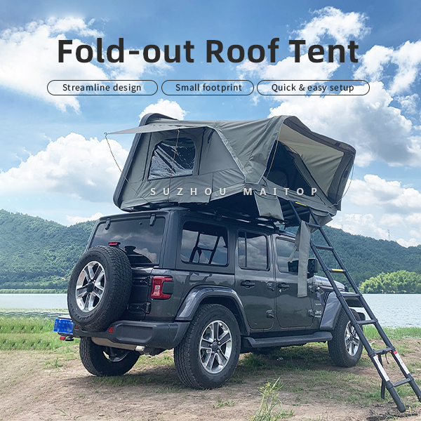 Fold-out rooftop tent fully opened showing spacious interior