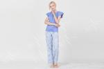 Button Placket Blue Womens Pyjama Sets Short Sleeve Top Customized Design