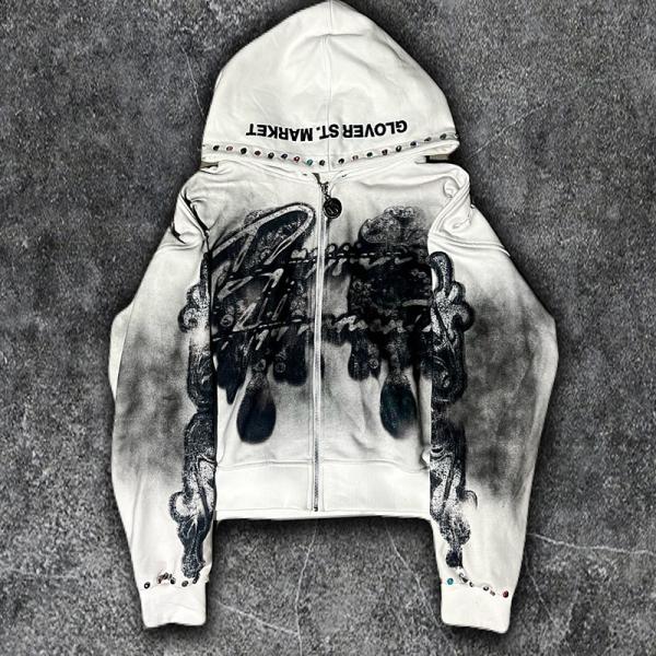 Dirty Style Rhinestone Zip Hoodie Diamond Zip Up Hoodie Screen Print Logo