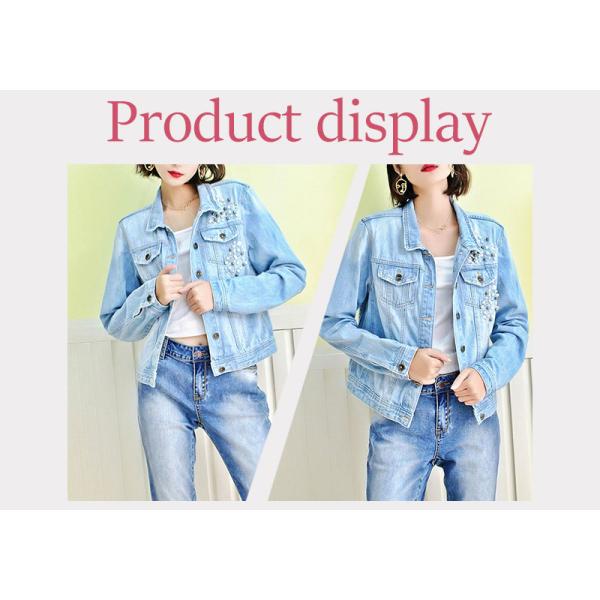 Blue Washed Ripped Ladies Fitted Denim Jacket With Pearls Slim Fit Style