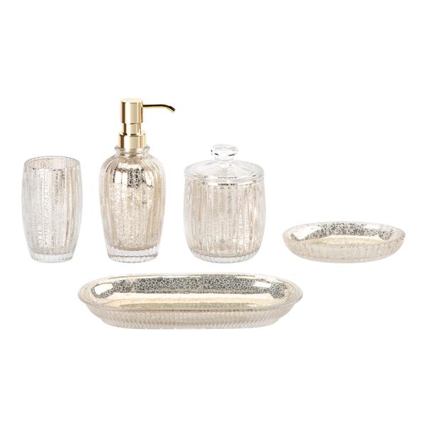 Mercury Gold Glass Bathroom Accessories Set Round Shape With Ribbed Vertical Stripe Glass Soap Dispenser Glass Toothbrush Holder Soap Dish Holder