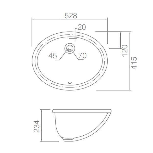 White Oval Under Counter Basin 528x415x234mm With Overflow