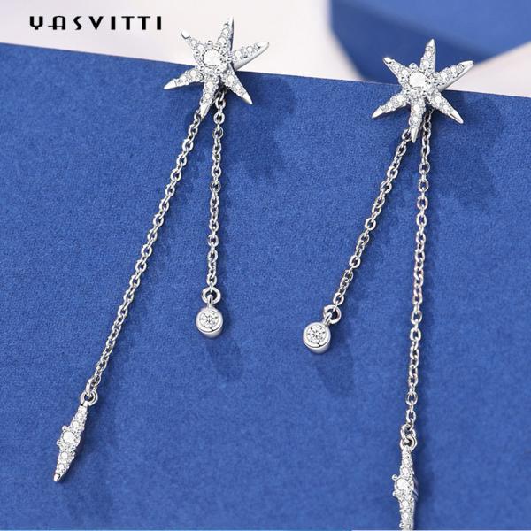 73.5mm 0.1oz Sterling Silver Jewelry Earrings S925 Silver Star Diamond Tassel Earrings