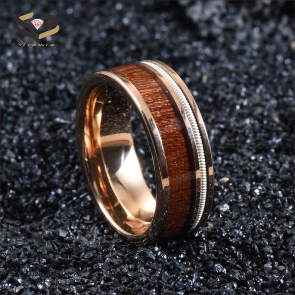 8mm Mens Tungsten Wedding Band Ring Rose Gold Finished With Koa Wood Inlay