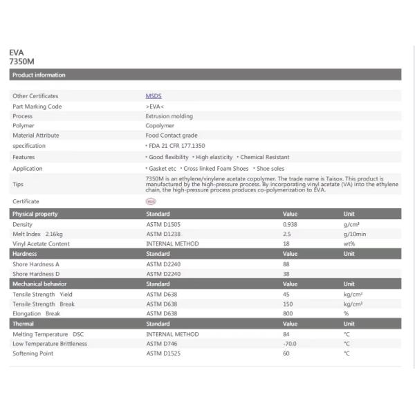 7350M Ethylene Vinyl Acetate Copolymer Chemical Resistance For Automotive Industry