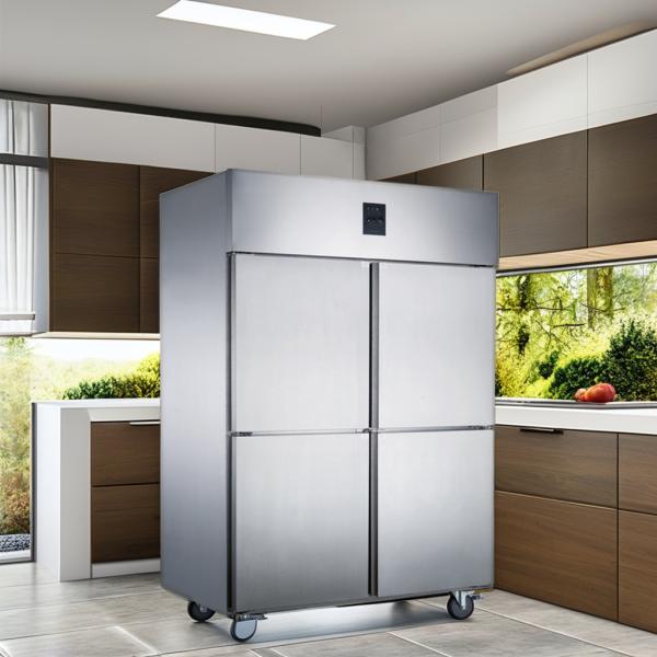 Commercial Restaurant Kitchen 4-Door Stainless Steel Upright Freezer LED Lighting Easy Cleaning Vertical Refrigeration Equipment