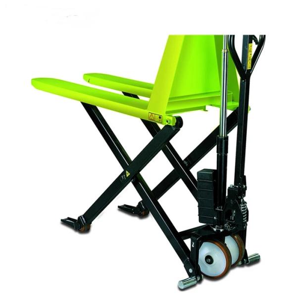 Yellow Color Steel Scissor Lift Hand Pallet Truck , Manual Hydraulic Stacker Straddle Lift Truck