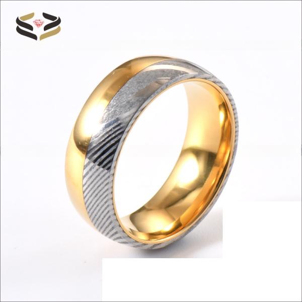 Men Gold Silver Two Tone Damascus Steel Wedding Band 8mm Polished with Tungsten Linner