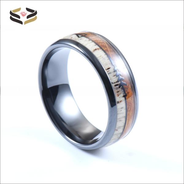 Men Tungsten Carbide Wedding Ring with Antler Black Arrow Whiskey Barrel Wood Inlay