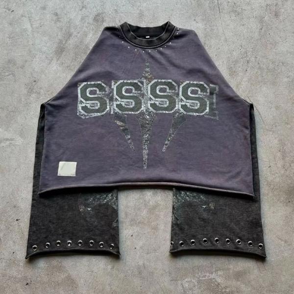 Custom Streetwear Hip Hop 100% Cotton Raw Hem Cropped Tee Metal Rivet Stone Wash Vintage Long Flared Sleeve T-shirts for Men