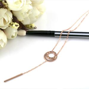 Quality Steel Double Round Cylinder Pendant Long Necklace, Rose Gold Pated Necklace wholesale