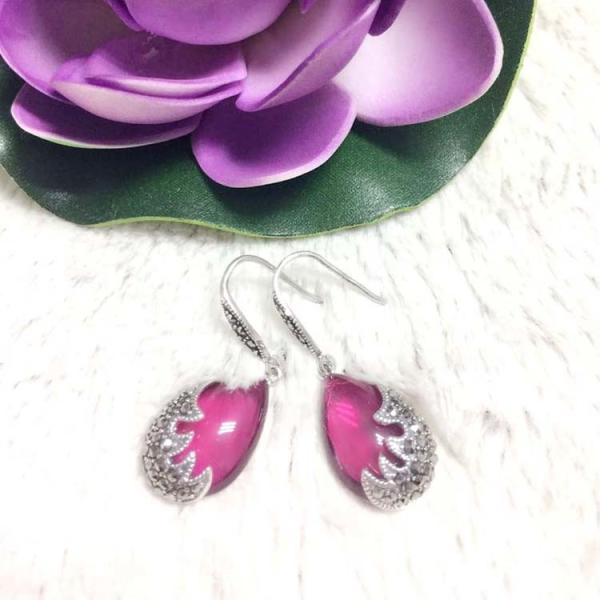 Vintage Sterling Silver Created Ruby with Marcasite Dangle Drop Earrings(E12033PINK)