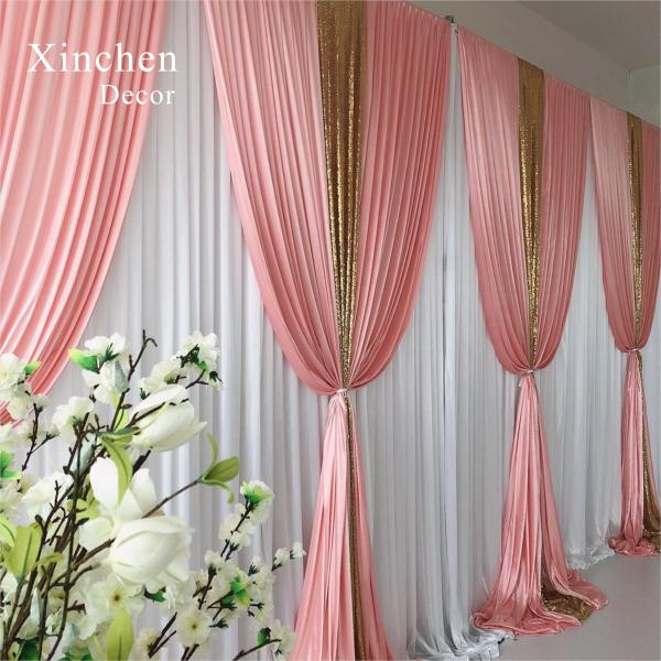 New design double drape white cloth curtains cross valance for wedding Decorative backdrop