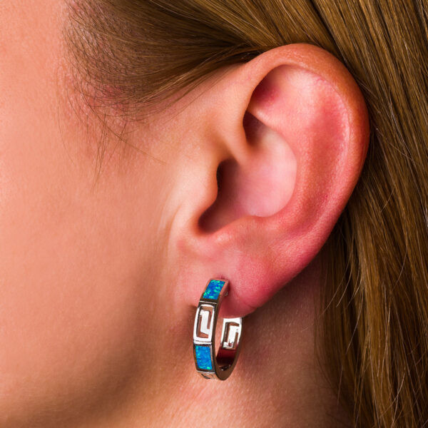925 With Sterling Silver Greek Key Blue Meander Vintage Sterling Opal Ring Hoop Earrings
