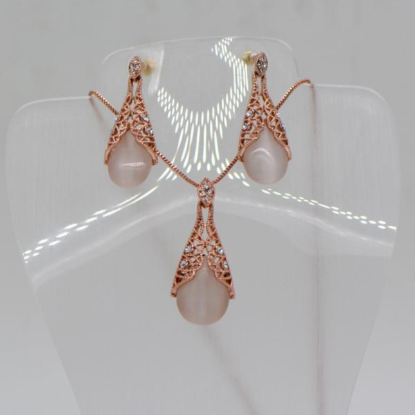 Trendy Hollow out opals Necklace pendant Earrings Rhinestone Jewelry Set 18K Rose Gold