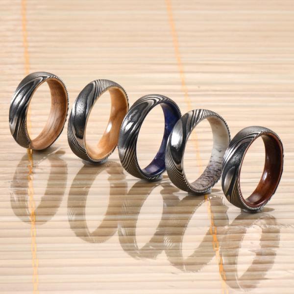 Etched Damascus Wedding Rings 6mm 8mm With Blue Purple Wood Sleeve Inlay
