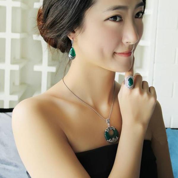 Thai Silver Green Agate Pendant Necklace Marcasite Retro Jewelry(N11061GREEN)