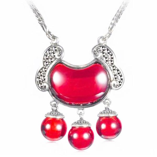 Vintage Sterling Silver Marcasite Red Agate Pendant Necklace Luck Kids Jewelry(N11063)