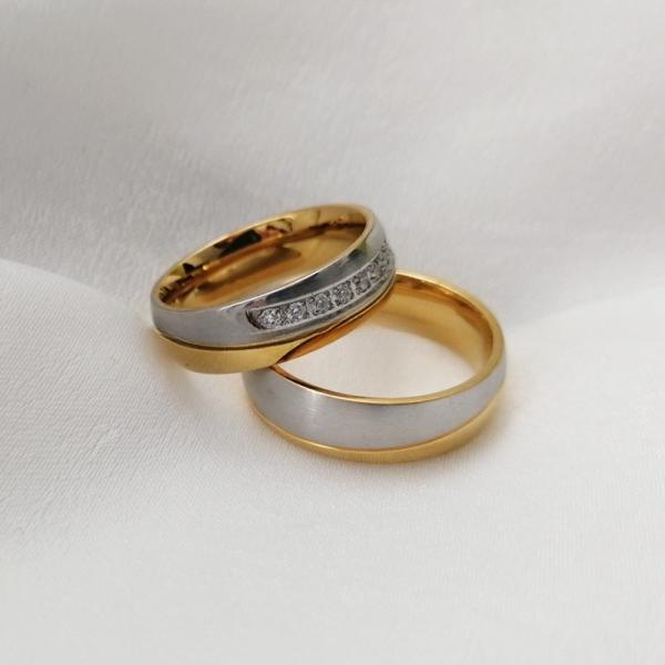 6mm Gold Plated CZ Inlay Men's Stainless Steel Wedding Rings Shiny Comfort Fit for Trendy Style and Third Party Appraisal