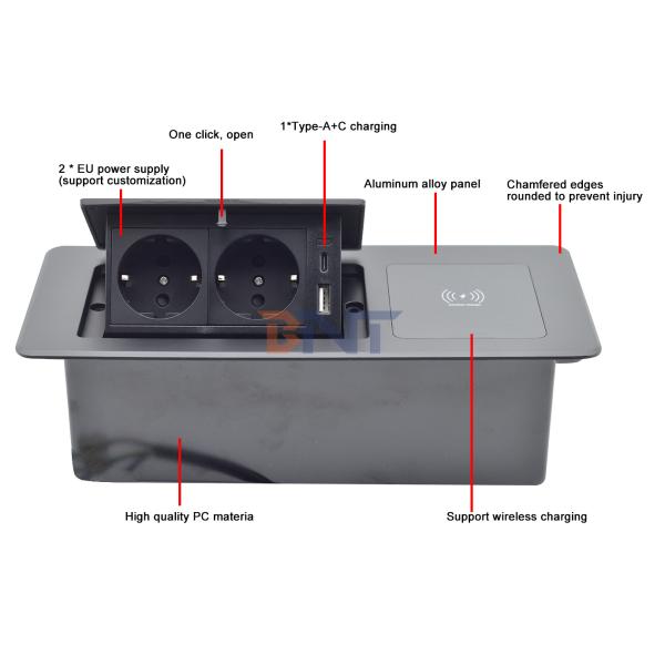 Desktop Tabletop Power Outlet Hidden Charging Sockets Multi-Connection Pop-Up Socket featuring Wireless Charging EU plug