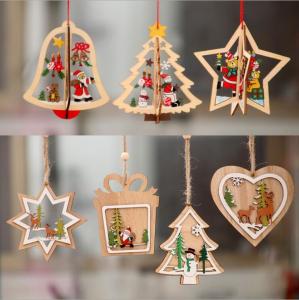 Quality Wooden hanging star heart tree bell pendant decoration for christmas party decoration wholesale