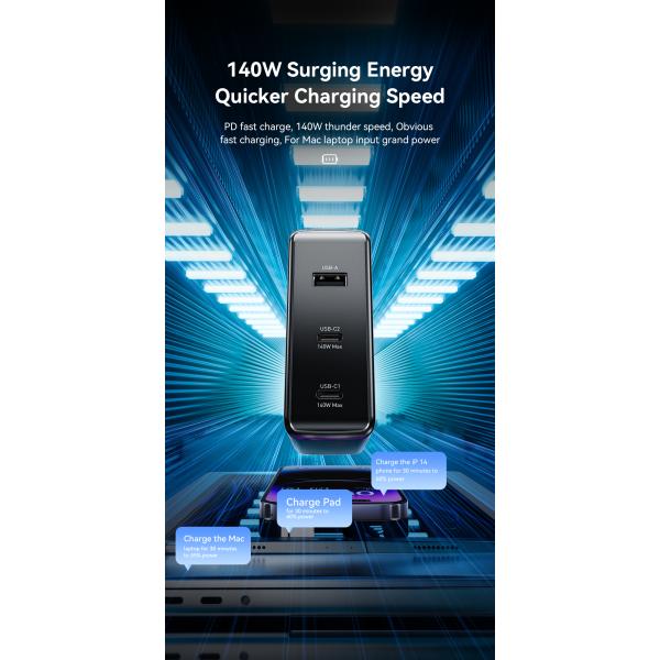 Essager Mobile Phone GaN Chargers 140W With 3 Ports In 1 USB A 2 Type C