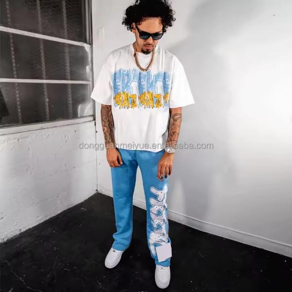 Screen Print Tshirt Logo Jogger Straight Leg Distressed Embroidery Stacked Flared Sweatpants and T Shirt Men Summer Sets Custom