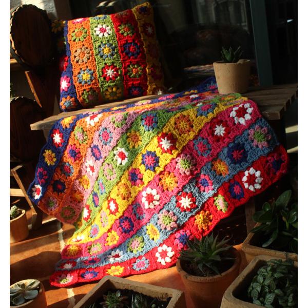 Y-F 80*60 Handmade Crochet Striped Daisy Wool Coffee Table Cloth Blanket Floral Leisure Vintage Sofa Blanket