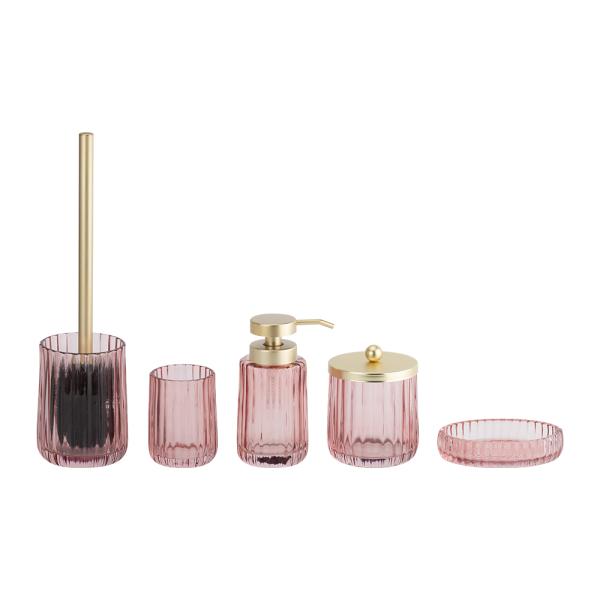 Stylish Pink Glass Bathroom Accessories Set with Round Shape and Ribbed Vertical Stripe Soap Dispenser
