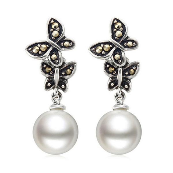 925 Silver White Simulated Shell Pearl Dangle Earrings Vintage Old Jewellry (E12144)