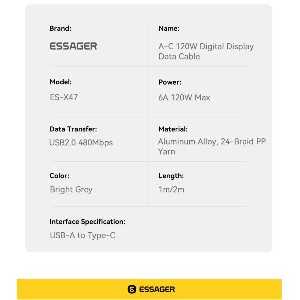 ESSAGER ES-X47 USB A To USB C Charging Cable 120W